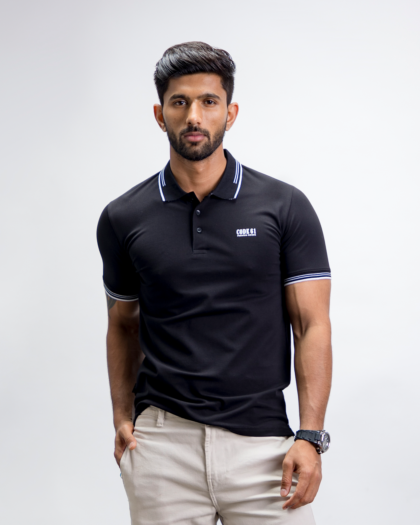 Solid Black  Polo T-Shirt With  Collar Details